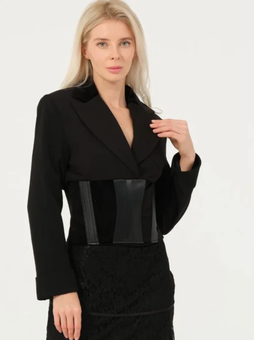 Beli Korse Görünümlü Kadife Deri Detaylı Tasarım Ceket