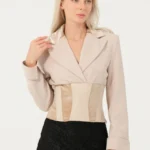 Beli Korse Görünümlü Kadife Deri Detaylı Tasarım Ceket - Bej