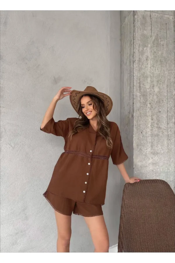 Dantel Detaylı Gömlek Şort Keten İkili Takım