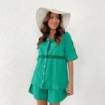 Dantel Detaylı Gömlek Şort Keten İkili Takım - Yeşil