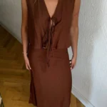 Etek Bluz Keten İkili Takım - Kahverengi