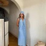 Etek Bluz Keten İkili Takım - Mavi