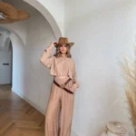 Gofre Gömlek Pantolon İkili Takım - Bej