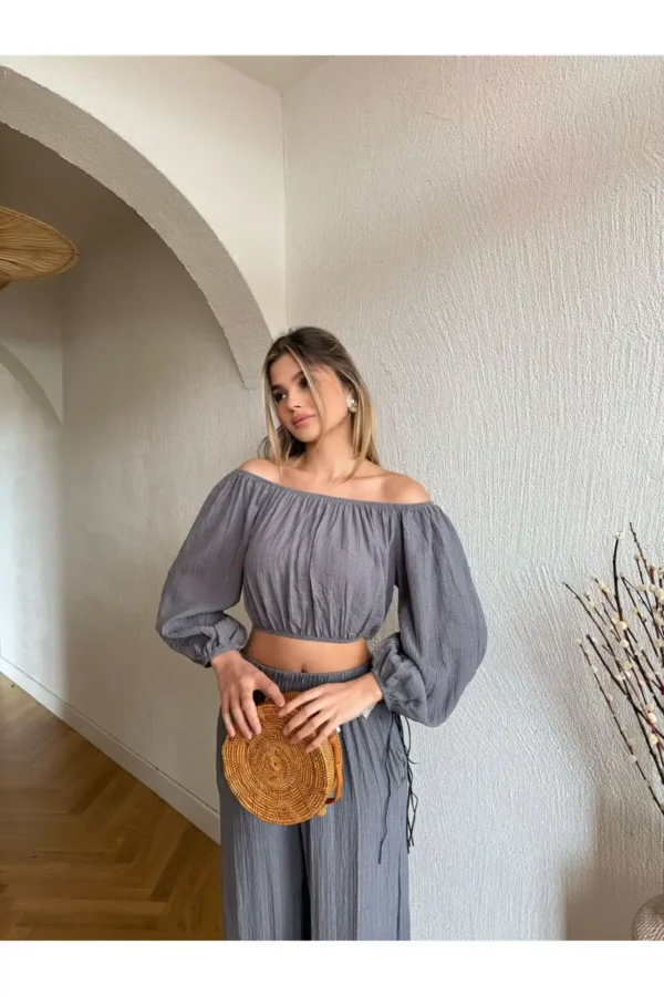 Salaş Pantolon Bluz Gofre İkili Takım