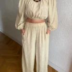 Salaş Pantolon Bluz Gofre İkili Takım - Krem