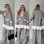 Fırfır Detaylı Gömlek Ceket Beli Lastikli Pantolon İkili Takım