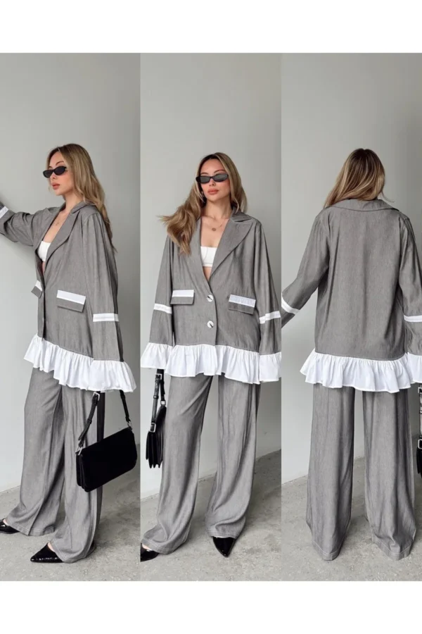 Fırfır Detaylı Gömlek Ceket Beli Lastikli Pantolon İkili Takım