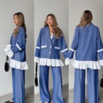 Fırfır Detaylı Gömlek Ceket Beli Lastikli Pantolon İkili Takım - Mavi