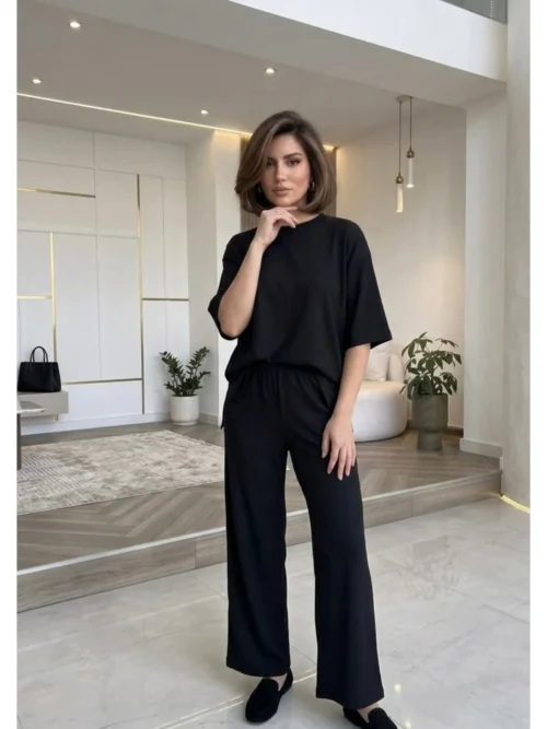 yirtmac-detayli-beli-lastikli-pantolon-bluz-ikili-takim Yırtmaç Detaylı Beli Lastikli Pantolon Bluz İkili Takım