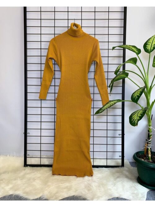 Kadın Midi Boy Camel Tam Balıkçı Fitilli Basic Triko Elbise