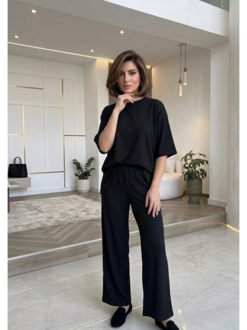 1_org_zoom-123.jpg Yırtmaç Detaylı Beli Lastikli Pantolon Bluz İkili Takım