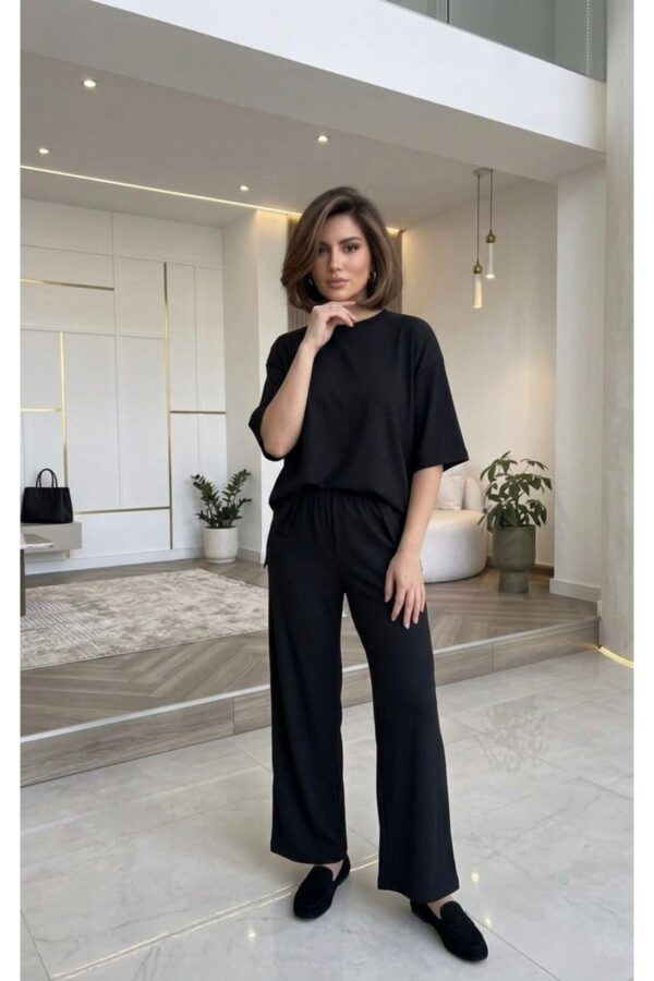 Yırtmaç Detaylı Beli Lastikli Pantolon Bluz İkili Takım