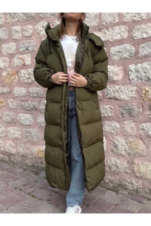 Haki Midi Boy Kapüşonlu Şişme Mont