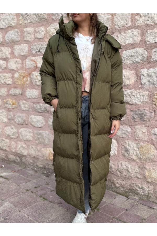 Haki Midi Boy Kapüşonlu Şişme Mont