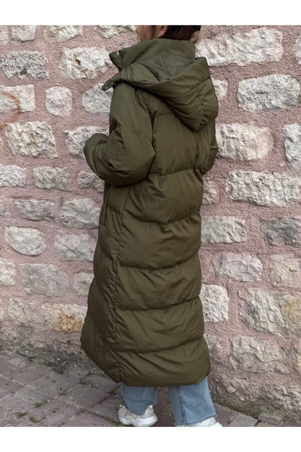 Haki Midi Boy Kapüşonlu Şişme Mont