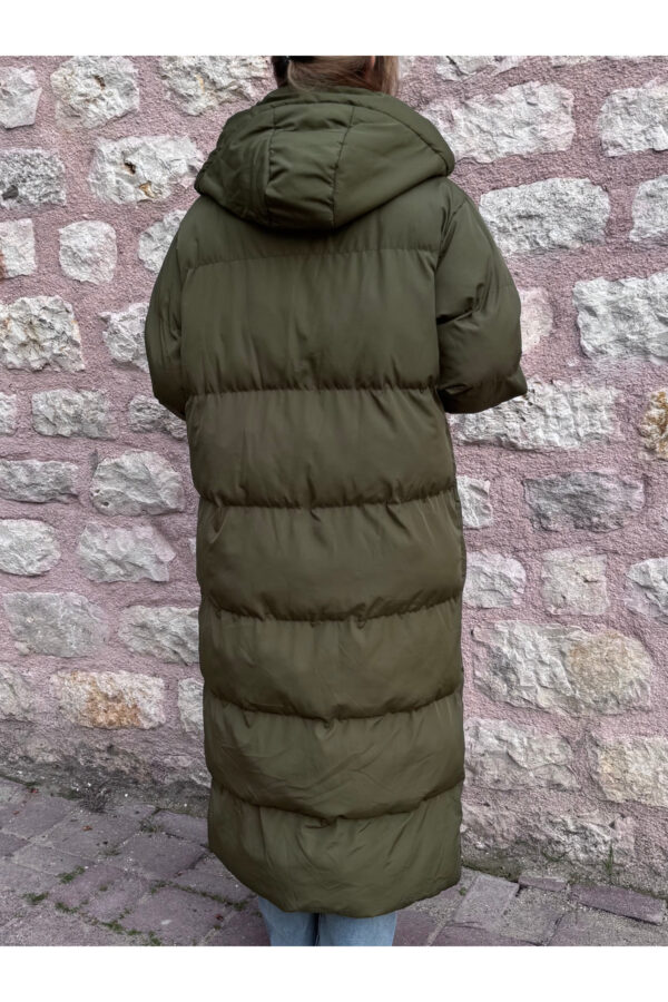 Haki Midi Boy Kapüşonlu Şişme Mont