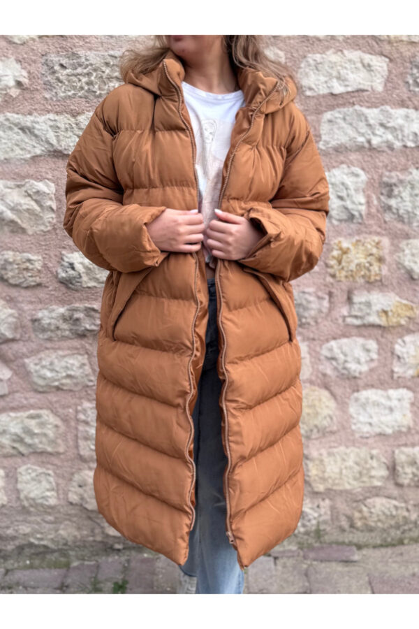 Taba Uzun Boy Cep Detaylı Büyük Beden Şişme Mont Tesettür Mont