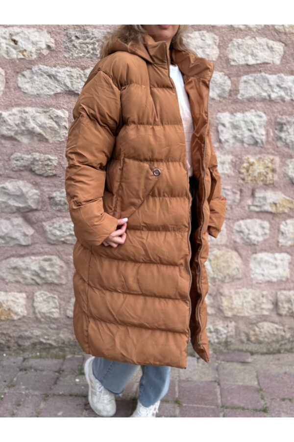Taba Uzun Boy Cep Detaylı Büyük Beden Şişme Mont Tesettür Mont
