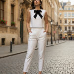 Beyaz Pantolon Crop Bluz Fiyonk Detaylı Çizgili İkili Takım