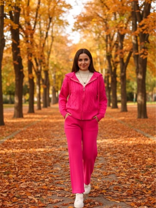 Pembe Fermuar Detaylı Kapüşonlu Hırka Pantolon Triko Ikili Takım