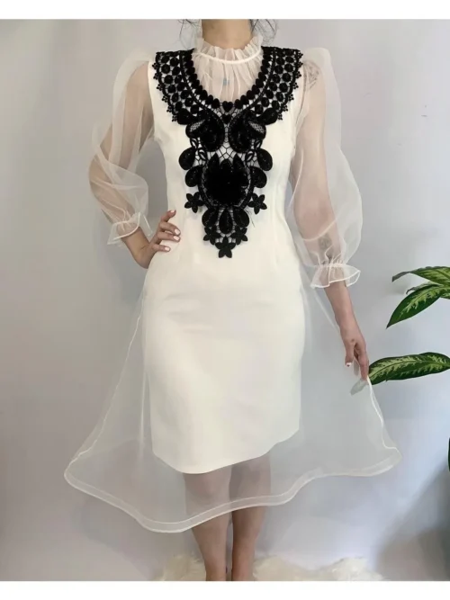 Kadın Beyaz Midi Boy Dantel Detay Organze Abiye Nikah Mevlüt Isteme Elbise
