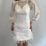 Kadın Beyaz Mini Boy Uzun Kol Tüy ve Dantel Detay After Parti Nikah Kına Abiye Elbise - Beyaz