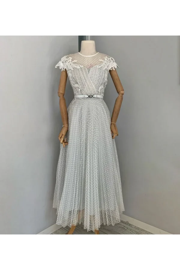 Kadın Midi Uzun Boy Tuka Tasarım Piliseli Tül Dantel Detaylı Mevlüt Dua Düğün Nikah Elbisesi