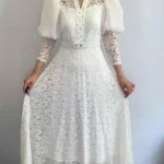 Kadın Uzun Boy Uzun Kol Dantel Detay Nikah Mevlüt Düğün Nişan Kına Abiye Elbise - Beyaz